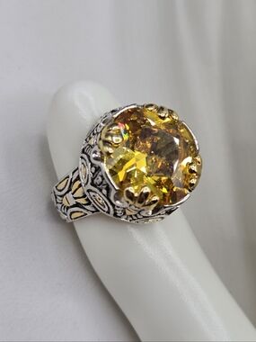 Swarovski Crystal Elements Silver Gold Statement Ring Yellow Citrine Size 7.25